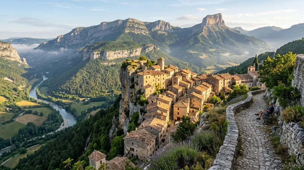 Village perché médiéval avec montagnes calcaires et vallée verdoyante