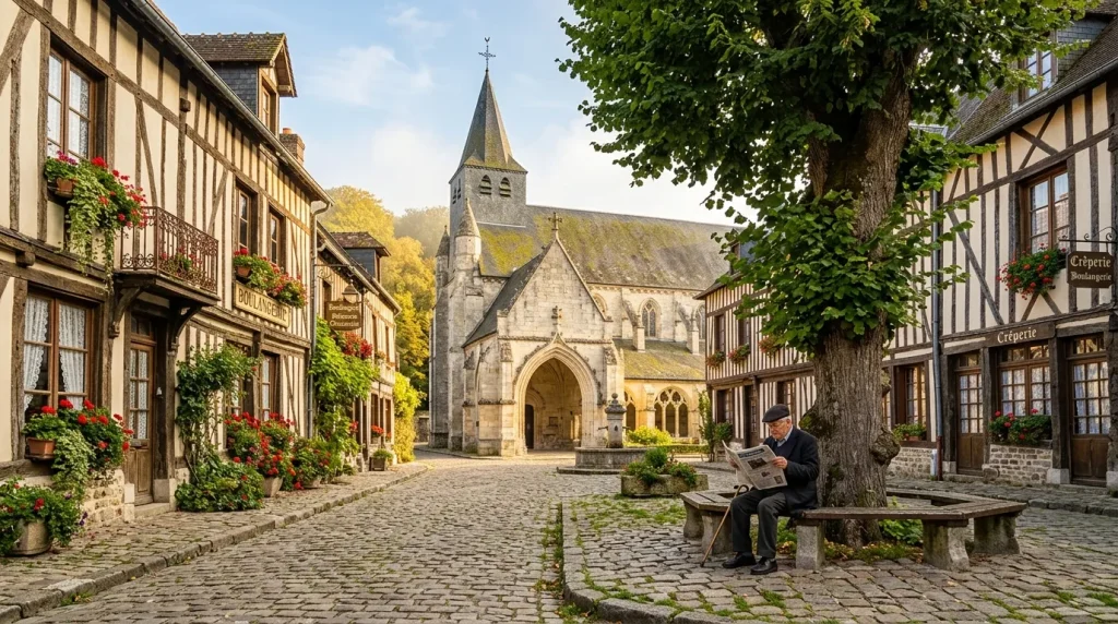 Homme lisant journal sous arbre, église pierre fond
