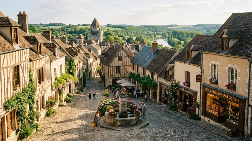 Rue pavée de village médiéval avec église, commerces et vallée verdoyante