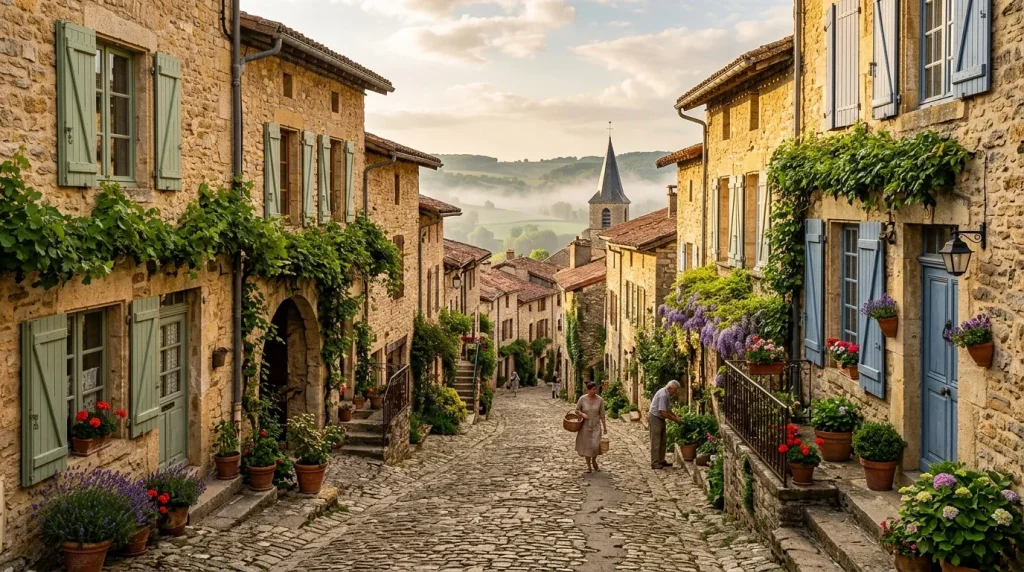 Rue pavée d'un village médiéval avec maisons en pierre et fleurs