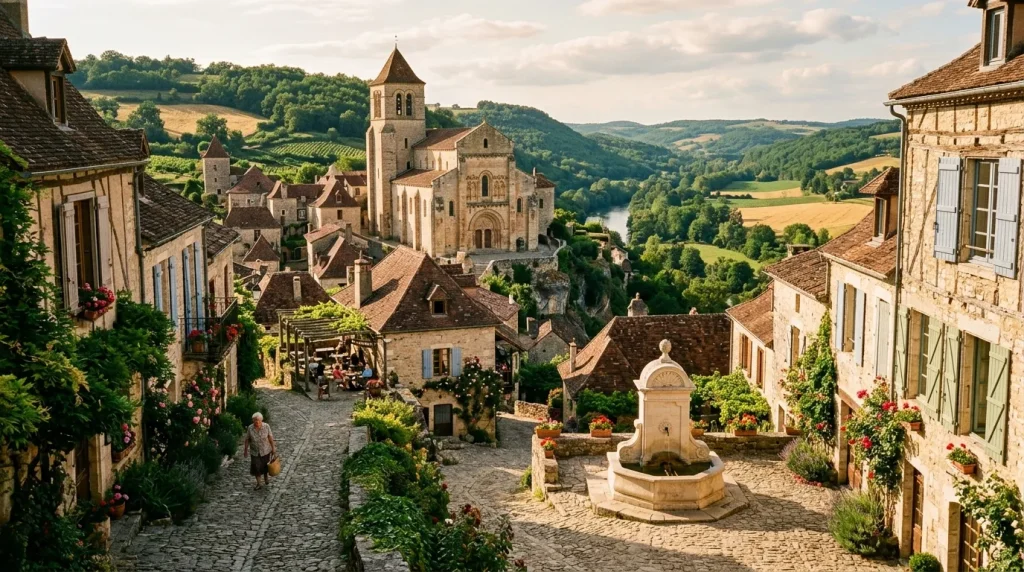Village de pierre avec église, fontaine et vallée verdoyante