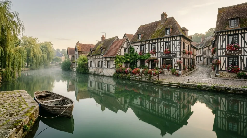 Maisons à colombages normandes se reflètent dans l'eau calme