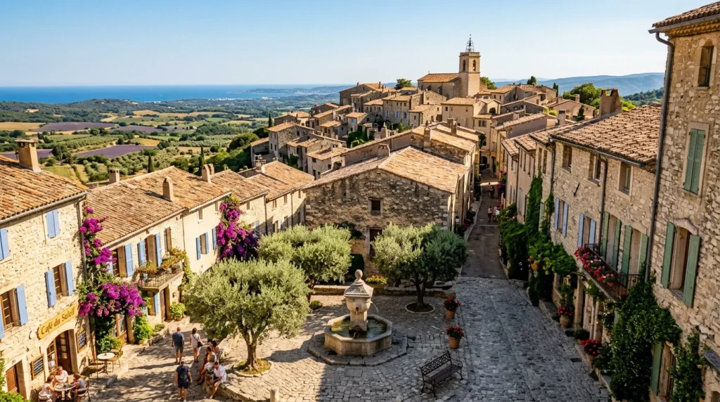 Village de pierre avec église, lavande et mer Méditerranée