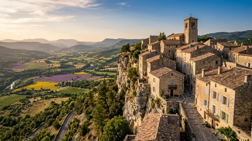 Village perché en pierre surplombant vallée verdoyante italienne