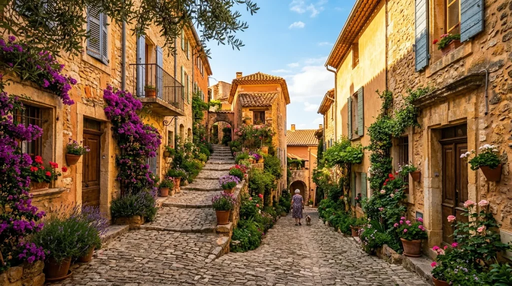 Rue pavée de village italien avec maisons en pierre et fleurs colorées