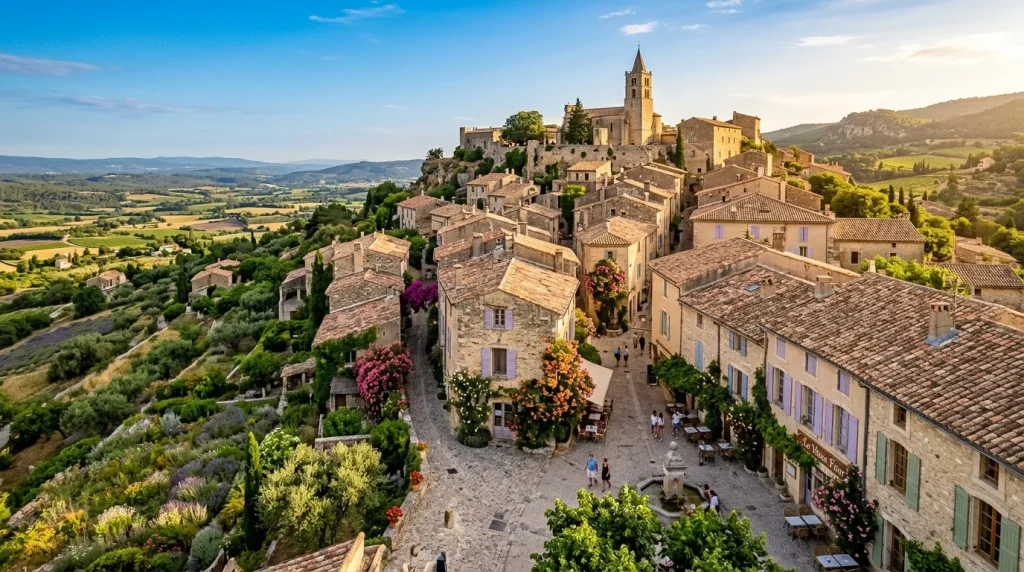 Village médiéval perché en Toscane avec église et paysage vallonné
