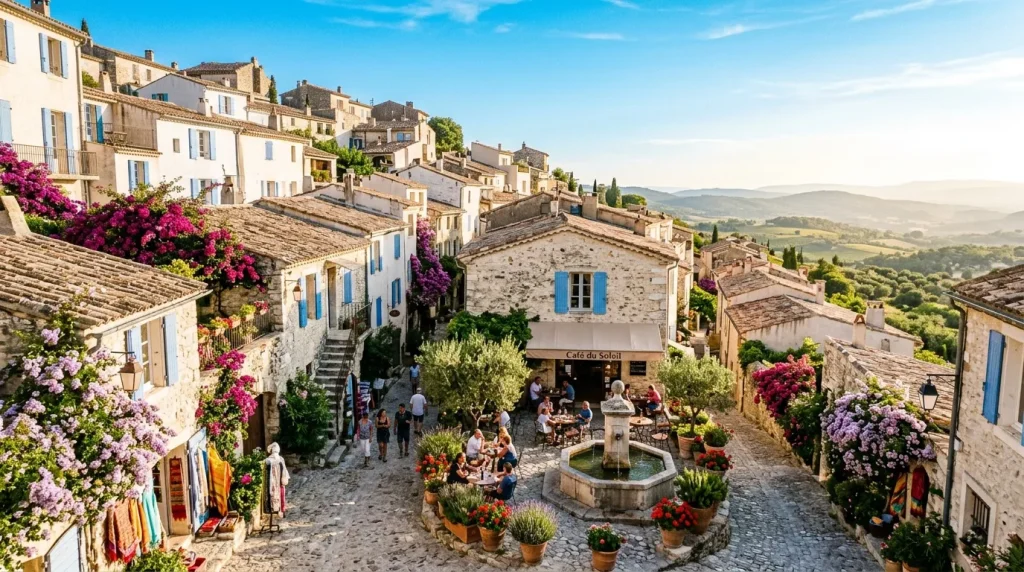 Village de pierre avec fleurs roses, café et fontaine centrale