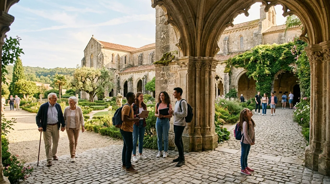Touristes visitant les cloîtres gothiques d'une ancienne abbaye