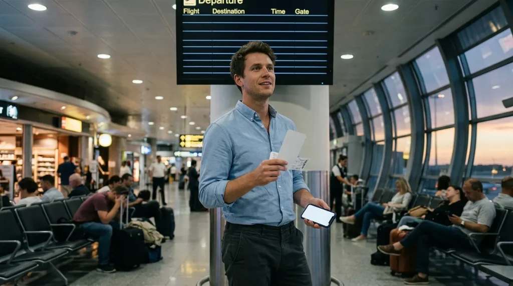 Homme en chemise bleue tenant téléphone et documents à l'aéroport