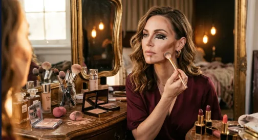 Une femme vêtue d'un haut bordeaux se maquille à l'aide d'un pinceau devant une coiffeuse, entourée de produits de beauté, face à un miroir, dans une pièce baignée d'une lumière chaleureuse.