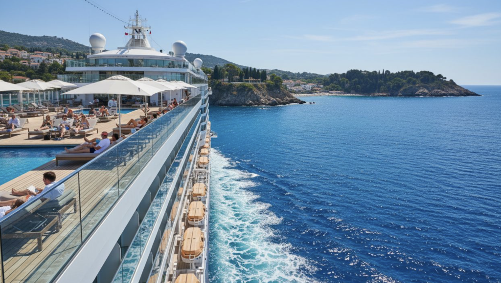 Un bateau de croisière navigue près du littoral, tandis que les passagers se détendent au bord de la piscine, à l'ombre des parasols, par une journée ensoleillée.