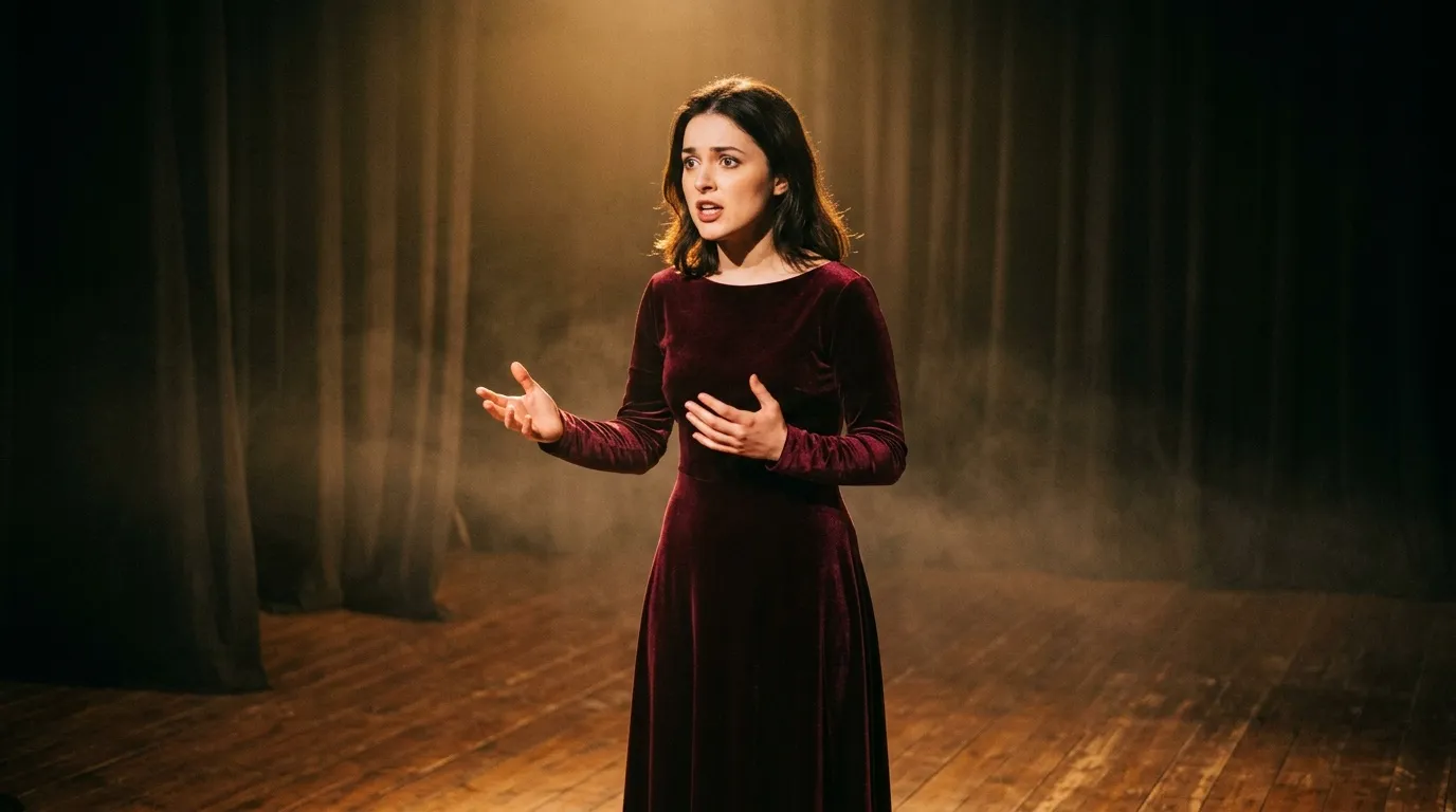 Femme en robe bordeaux parlant sur scène de théâtre