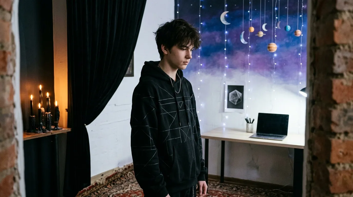 Jeune garçon en sweat noir face à décoration spatiale lumineuse