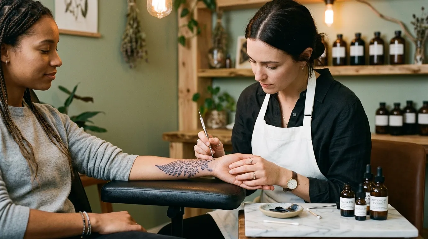 Tatoueur professionnel dessine un motif floral sur le bras d'une cliente