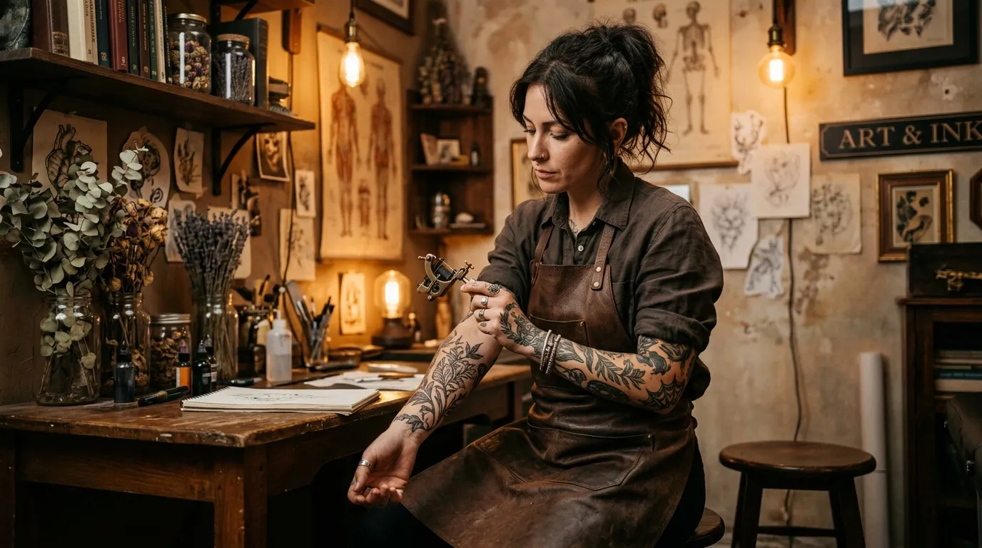Femme tatouée travaillant à son art dans un atelier