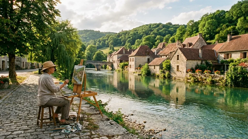 Peintre devant un village médiéval au bord de la rivière