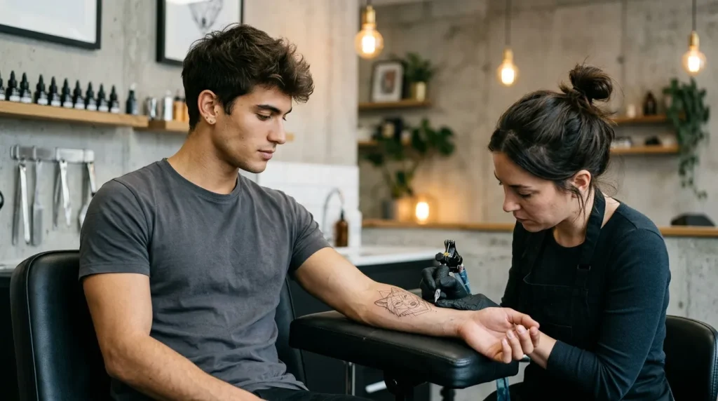 Tatoueur applique un tatouage sur le bras d'un client