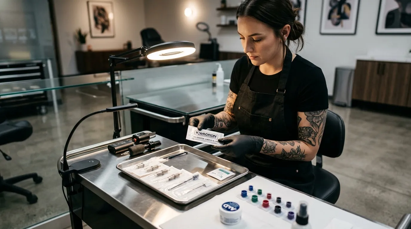 Femme tatoueur en apron noir préparant équipement professionnel
