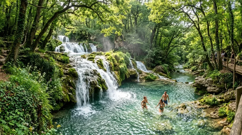 Baigneurs dans une rivière turquoise aux cascades forestières