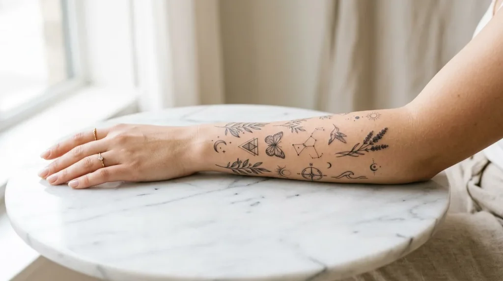 Femme avec tatouage floral sur son avant-bras