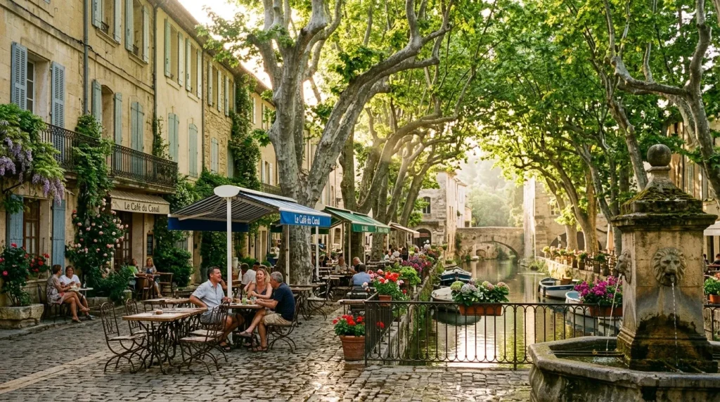 Terrasse de café ombragée au bord d'un canal en Provence