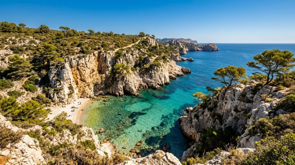Plage isolée entre falaises rocheuses, mer turquoise cristalline