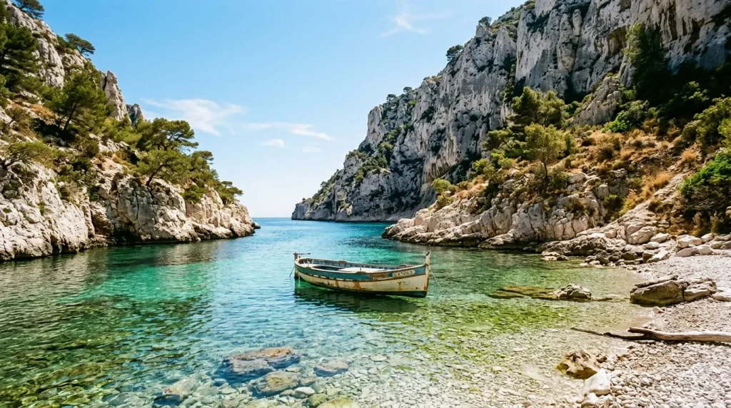 Bateau amarré dans une calanque aux eaux turquoise et falaises calcaires