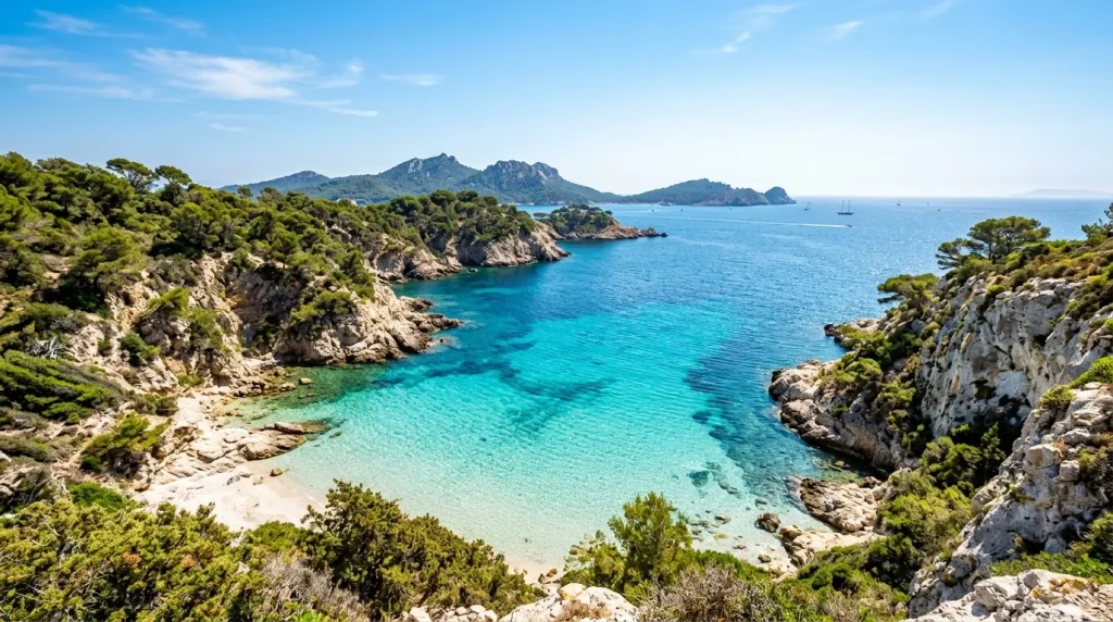 Plage rocheuse aux eaux cristallines turquoise, îles en arrière-plan