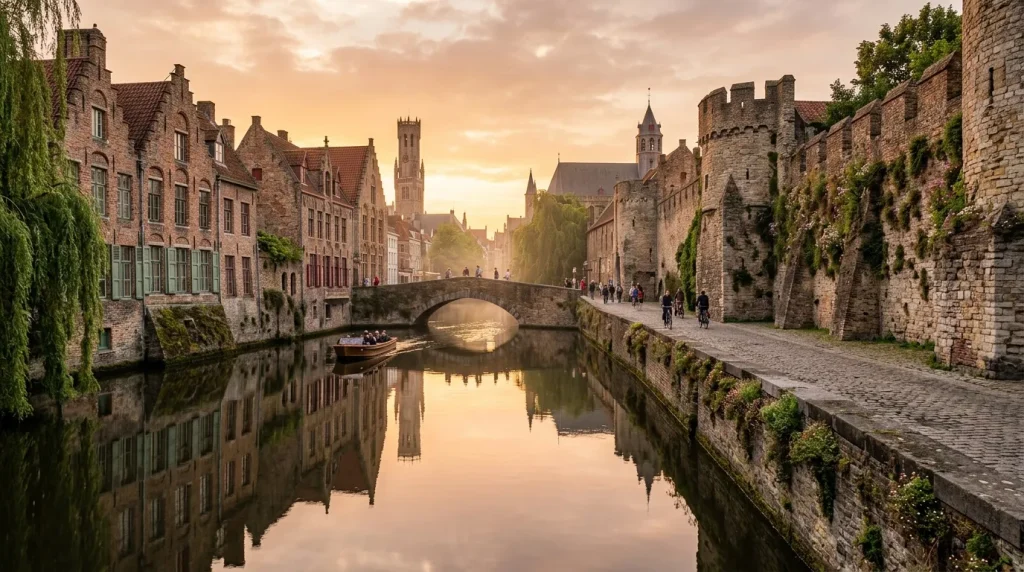 Canal avec pont de pierre, bâtiments historiques et clocher au coucher soleil