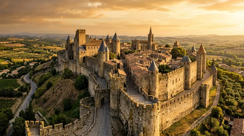Vue aérienne de la cité fortifiée de Carcassonne au coucher de soleil