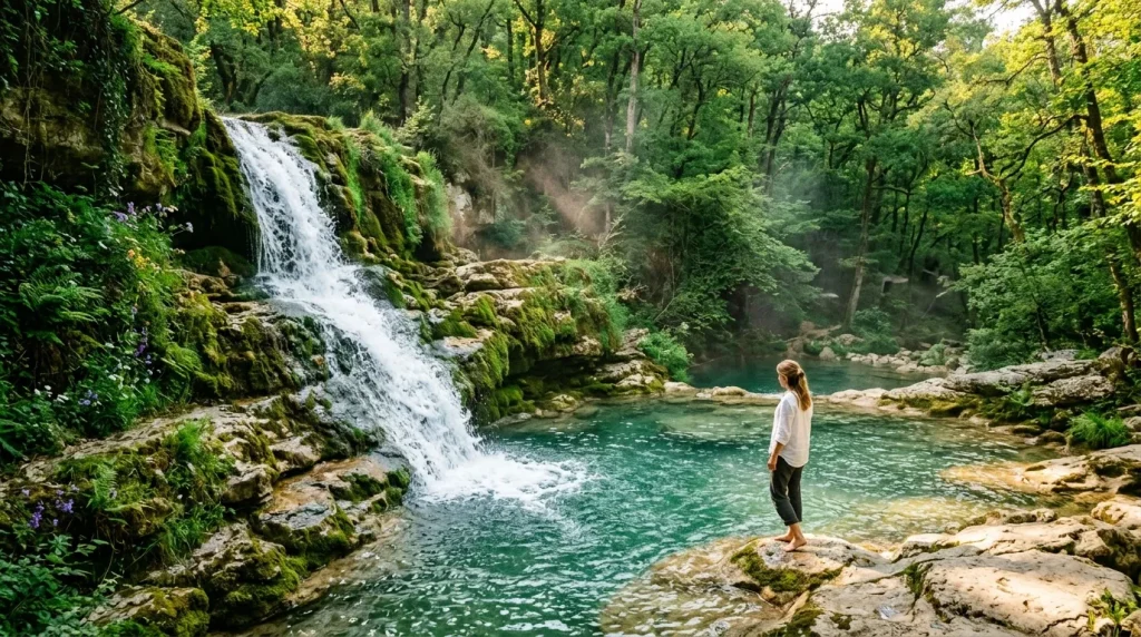 Femme admirant une cascade dans une forêt verte luxuriante
