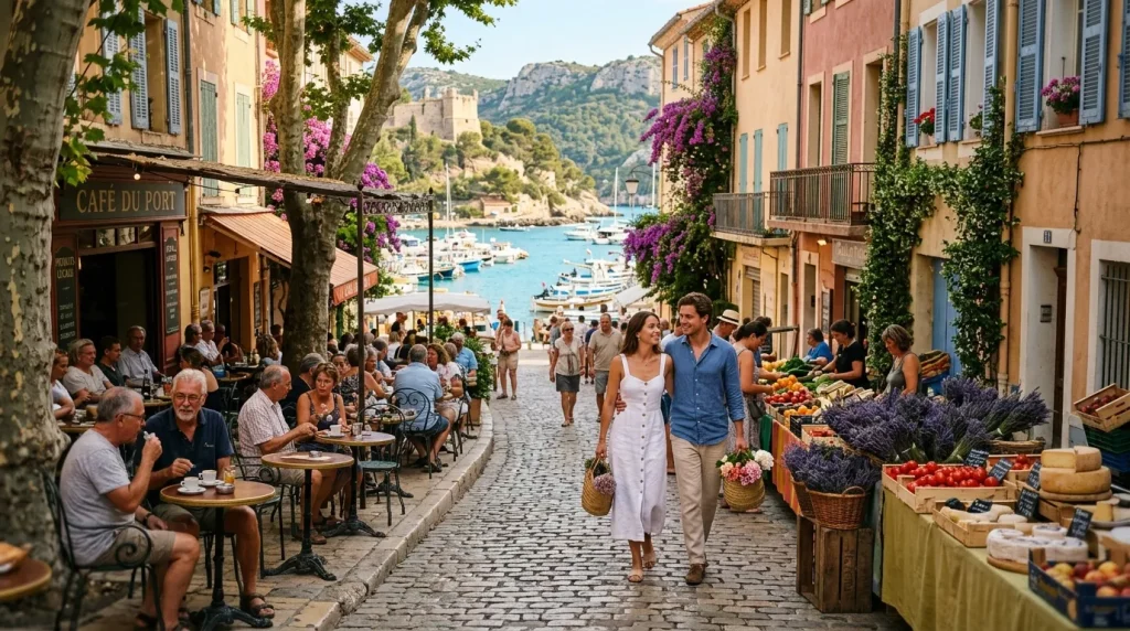 Rue pittoresque méditerranéenne avec café, port et bateaux