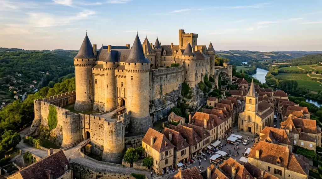Vue aérienne du château médiéval avec ses tours et la rivière