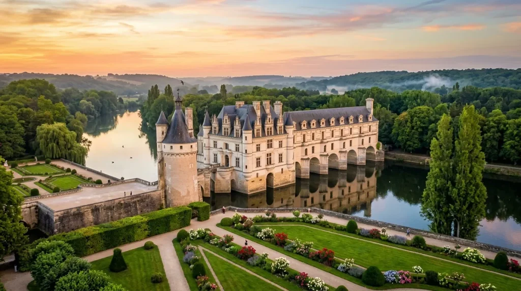 Château renaissance français sur rivière avec jardins fleuris
