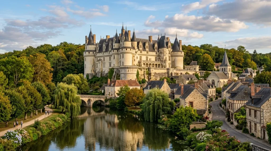 Magnifique château médiéval blanc surplombant une rivière calme.