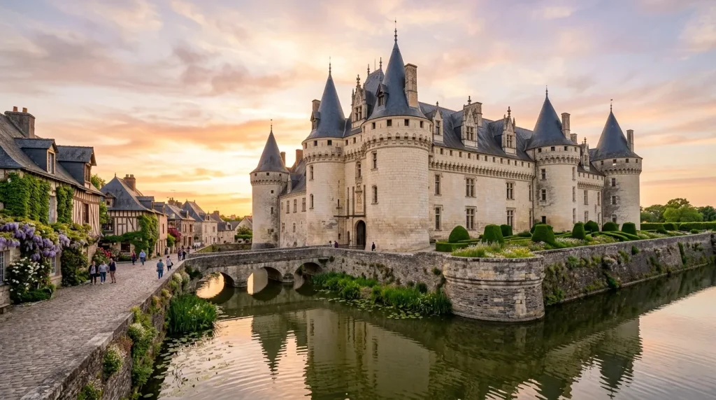 Château médiéval blanc avec tours pointues et douves au coucher soleil