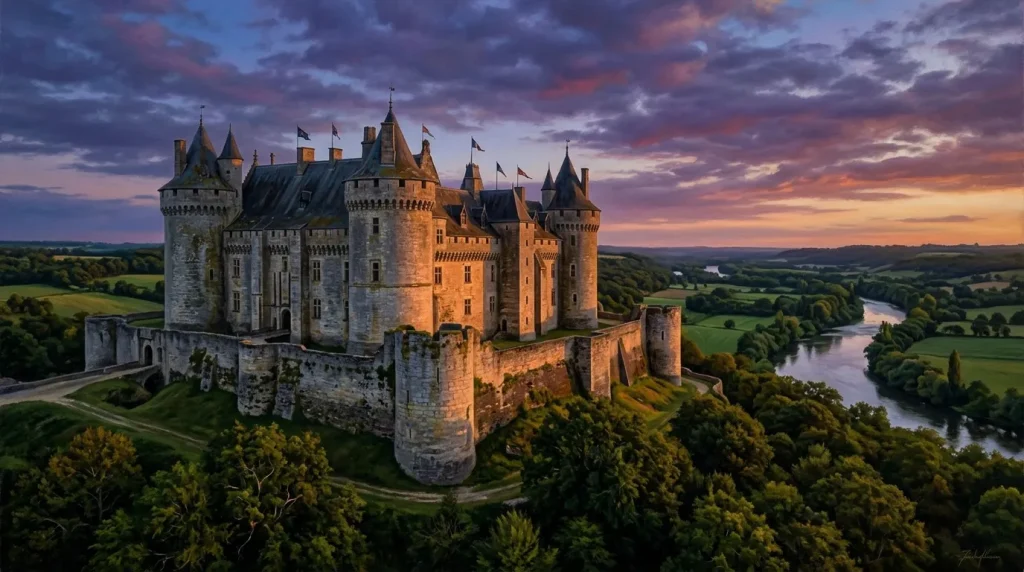 Château fortifié entouré de verdure et rivière sinueuse
