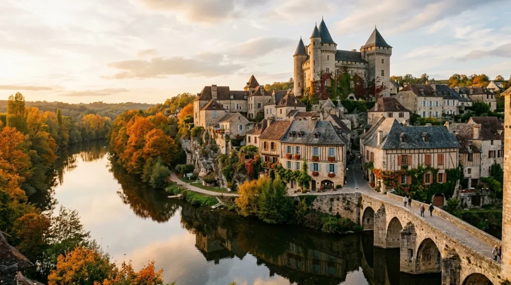 Château de pierre avec tours surplombant rivière et automne