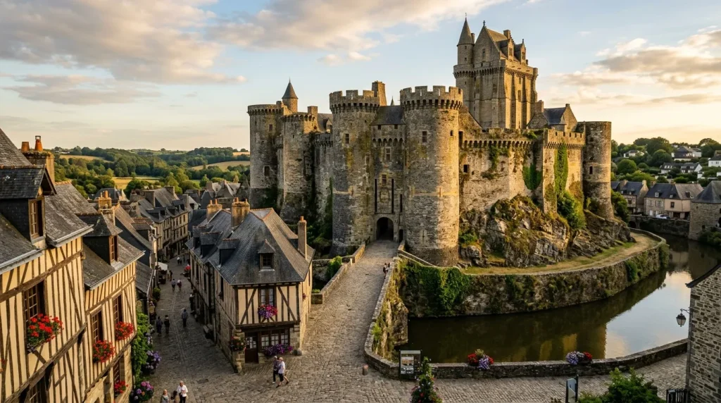 Château fort médiéval entouré d'eau et maisons anciennes