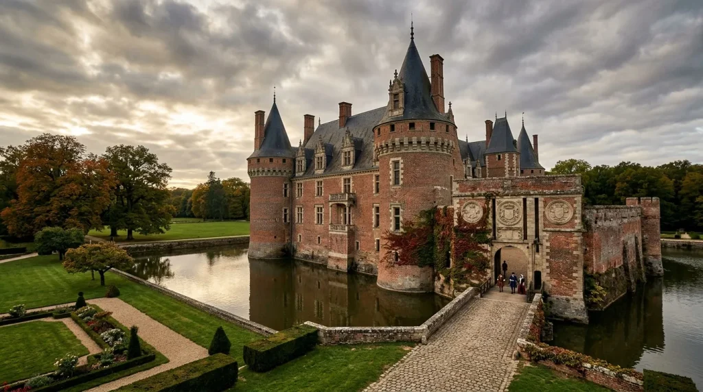 Château de briques rouges avec tours et douves, entouré de verdure