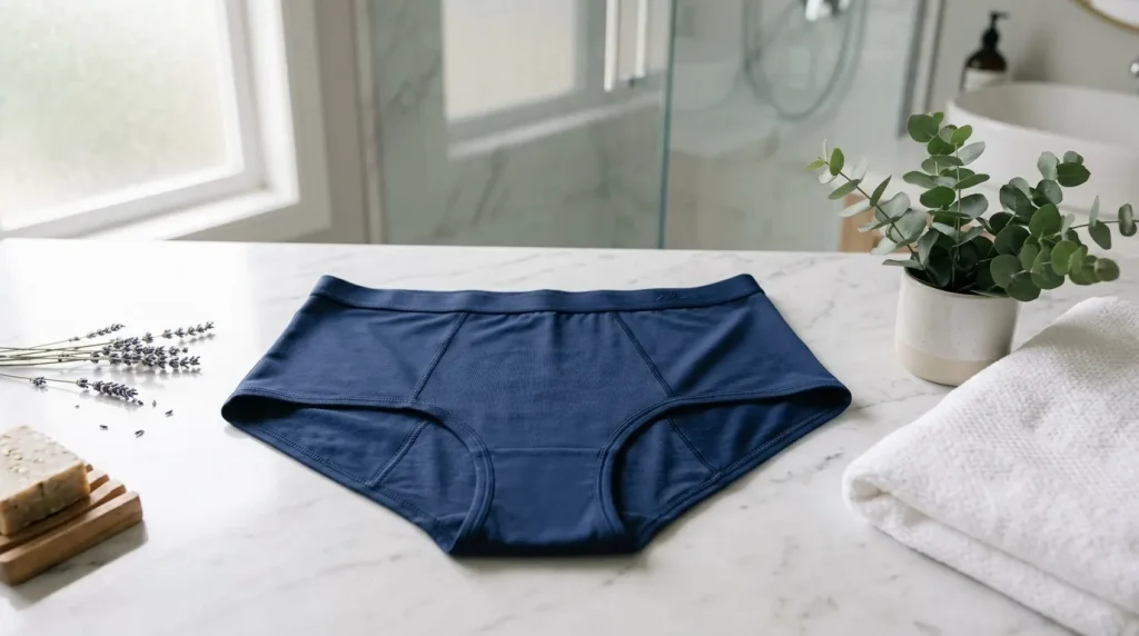 Culotte bleue marine sur comptoir marbre blanc avec accessoires