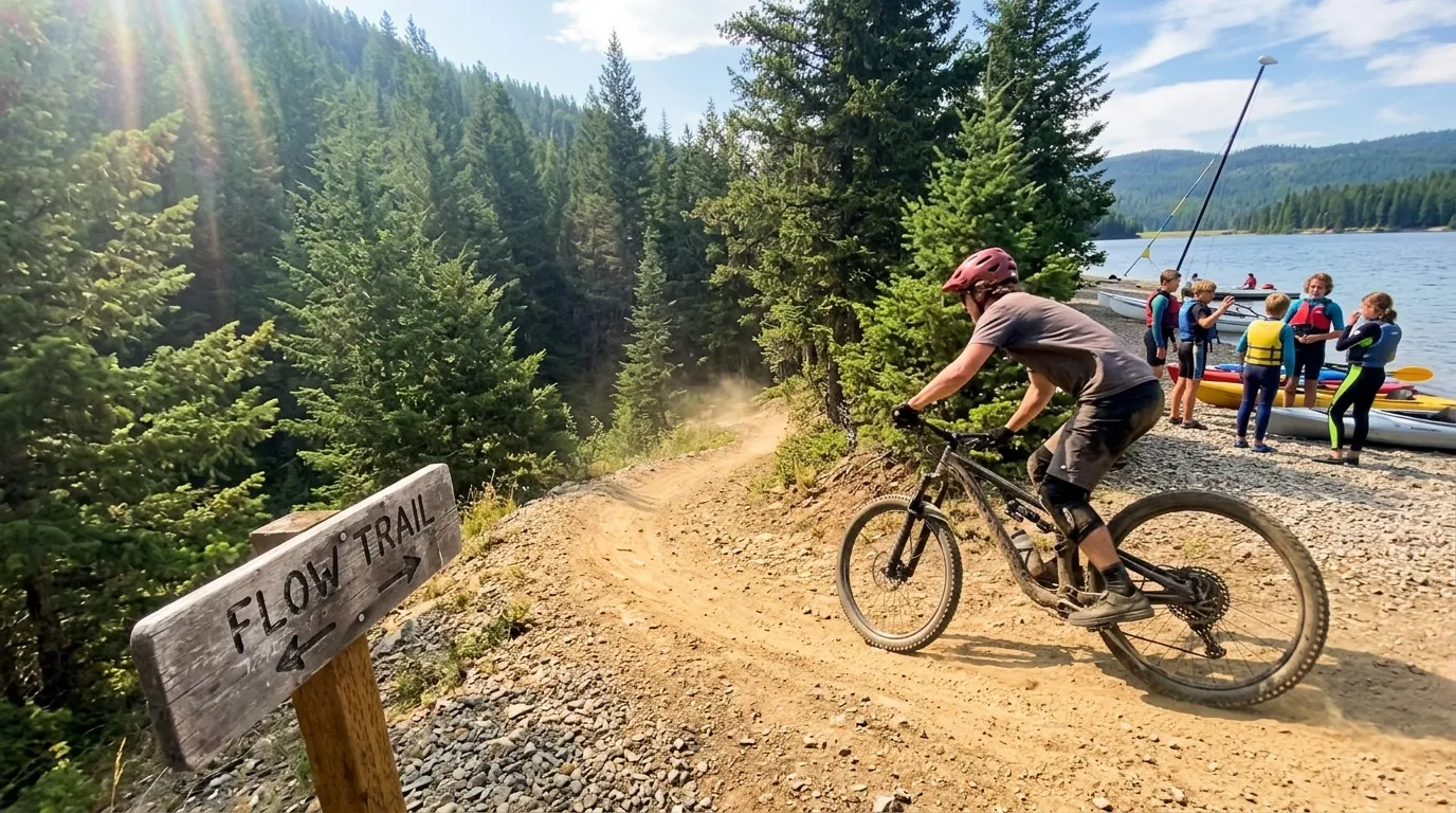Cycliste descendant un sentier de montagne près d'un lac
