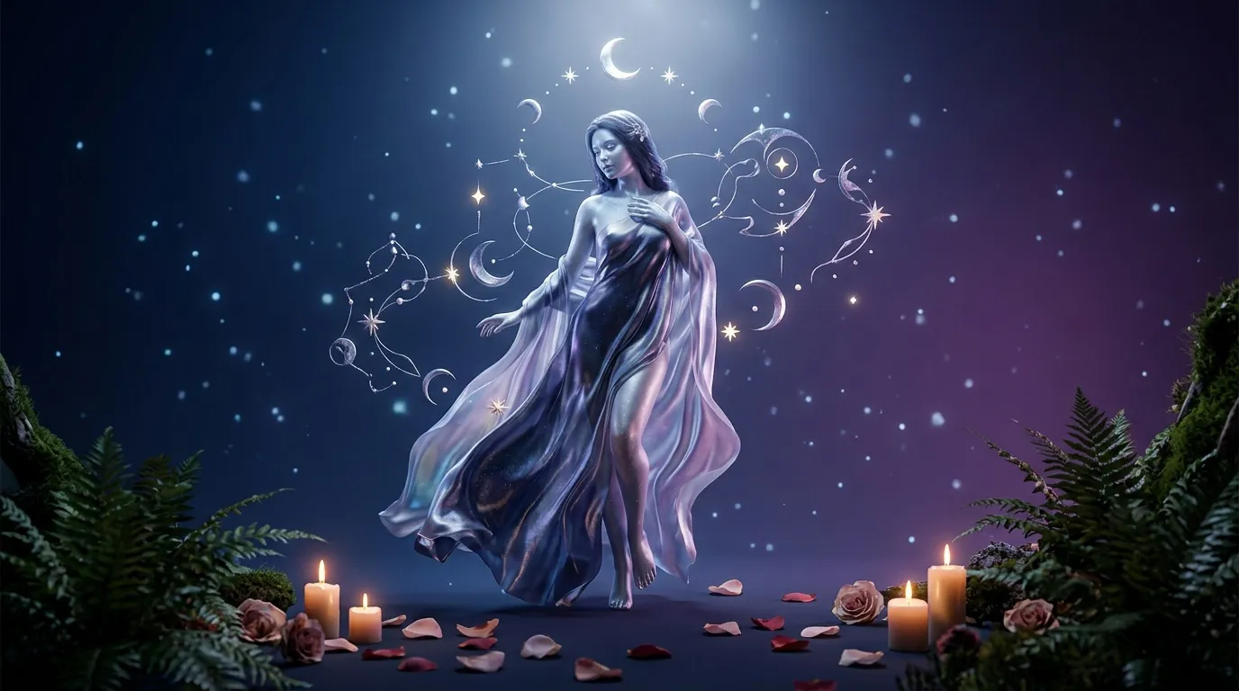 Femme flottante entourée de symboles astrologiques et de lueurs célestes