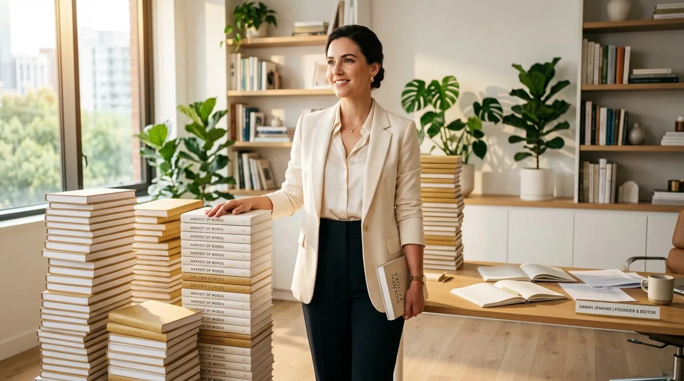 Femme éditrice souriante entourée de livres et de plantes