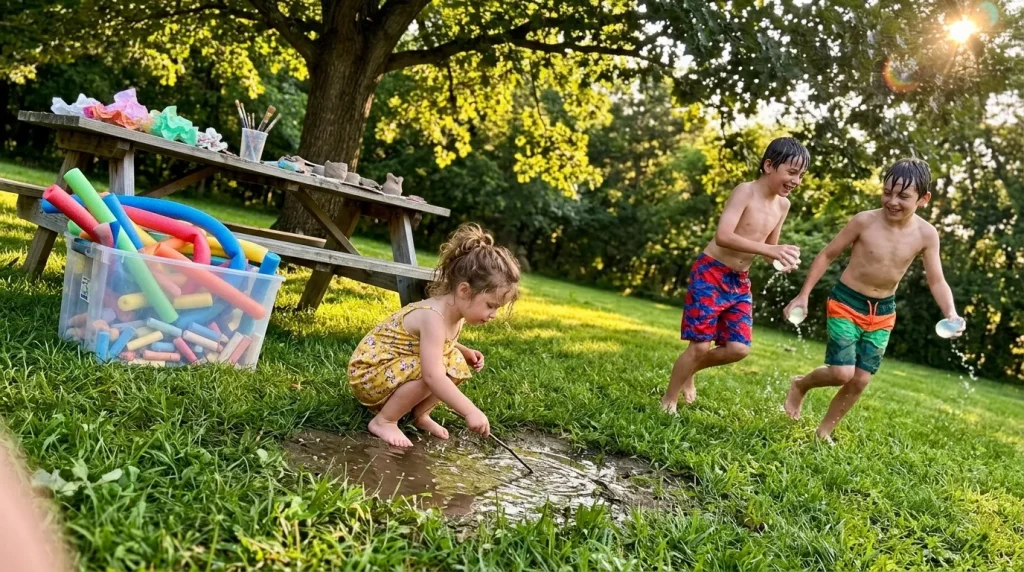 Trois enfants s'amusent dans une flaque d'eau boueuse en été