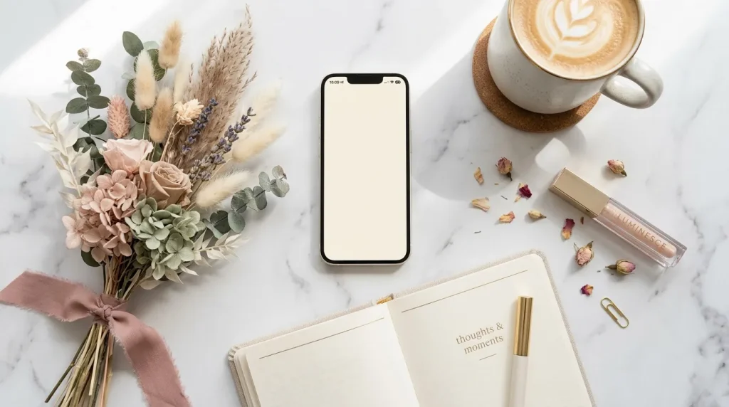 Bureau blanc avec téléphone, café, fleurs séchées et carnet