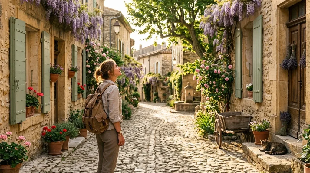Femme voyageuse admirant une rue pavée fleurie de Provence