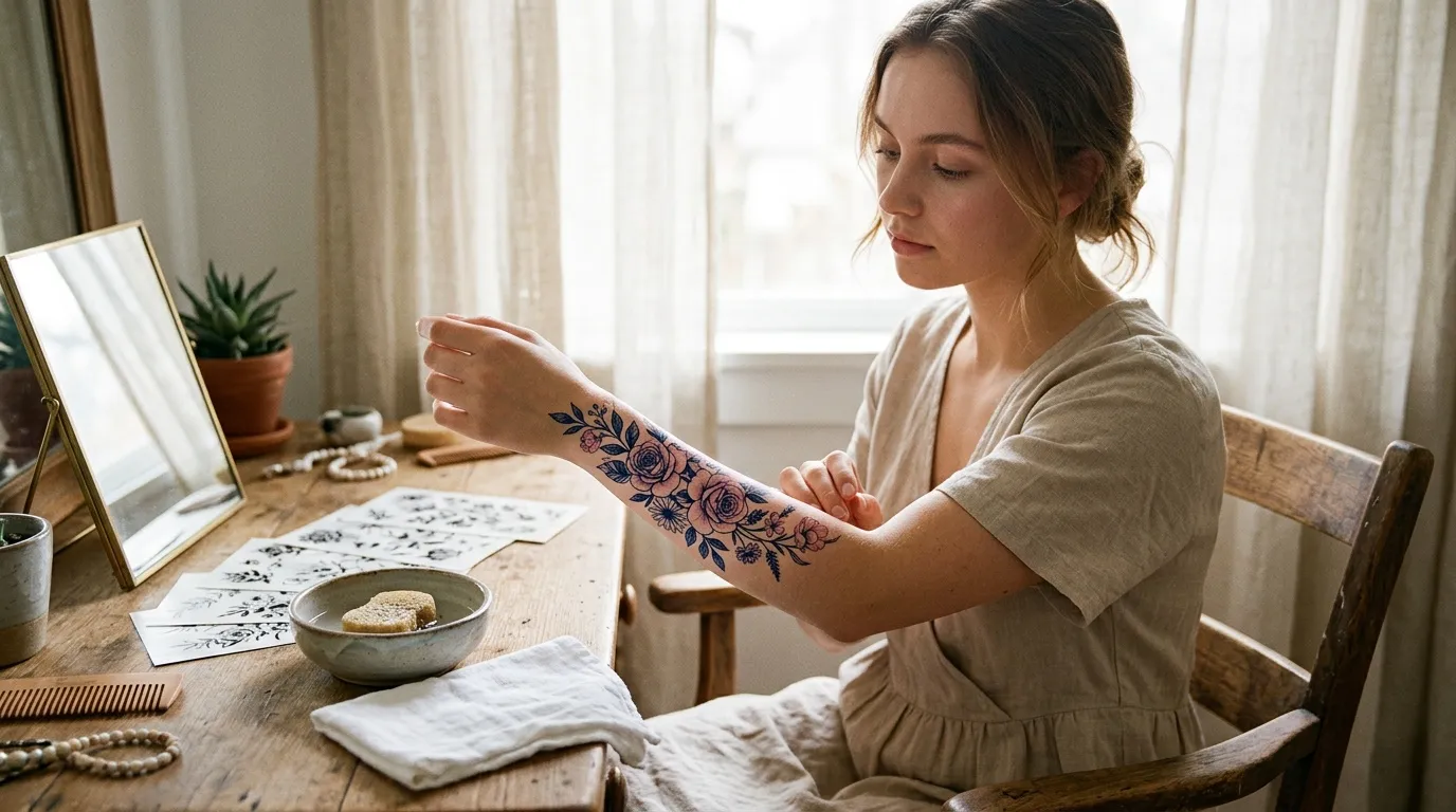 Femme examine tatouage floral sur son bras assis