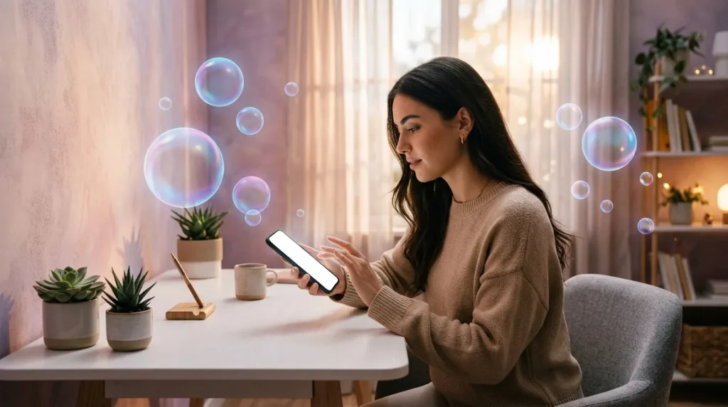 Femme regardant son téléphone entourée de bulles bleues brillantes