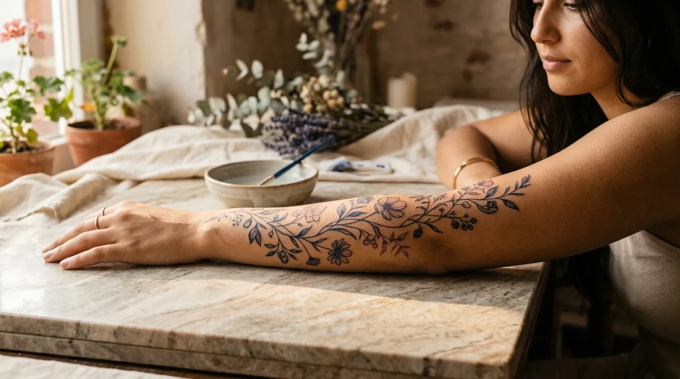 Femme affichant un tatouage floral sur son bras étendu